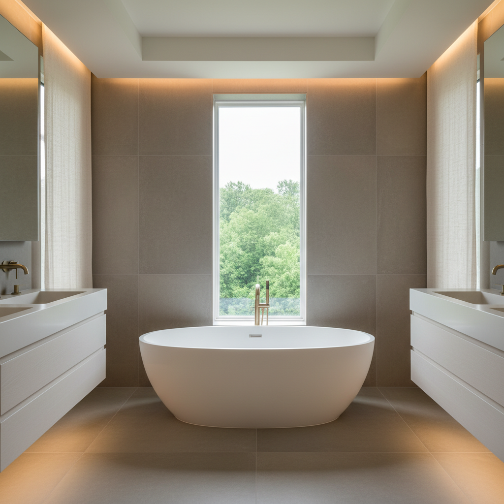 A spa-like primary bathroom in a custom-built luxury home, captured in photographic realism with a focus on materials and light. A freestanding matte white soaking tub sits centered beneath a tall, narrow window that frames a soft, leafy Westchester landscape. Large-format, warm gray porcelain slabs with minimal grout lines wrap the floor and continue up one wall, meeting a floating white oak vanity with integrated stone sinks and ultra-thin edges. Concealed LED strip lighting under the vanity and along a recessed ceiling cove creates a soft, halo-like glow, while indirect daylight filters through sheer, textured shades. Shot at eye level with a balanced, symmetrical composition, the space feels serene, quiet, and indulgent. Every surface junction is crisp, the drains are discreet, and fixtures are perfectly aligned, conveying an elevated, detail-obsessed construction standard.