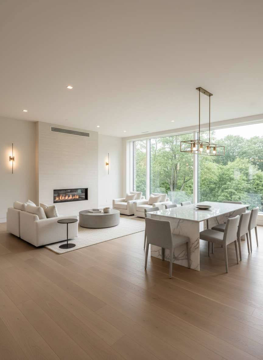 A serene open-concept living and dining area in a newly built Westchester luxury home, captured in photographic realism. The space features wide-plank, light oak flooring flowing seamlessly from a sculptural stone-clad fireplace wall to a minimalist dining area with a long, waterfall-edge marble table. Floor-to-ceiling windows reveal a softly blurred view of leafy suburban trees. Warm recessed ceiling lights and a pair of slender architectural sconces accentuate the velvety texture of off-white plaster walls and the subtle sheen of brushed metal fixtures. Shot at eye level with a slightly wide lens, the composition emphasizes spatial flow and comfort, with furniture arranged to create generous circulation paths. The atmosphere is calm, elegant, and quietly opulent, highlighting invisible luxuries like perfect alignments, hidden air vents, and flush detailing that you sense more than see.