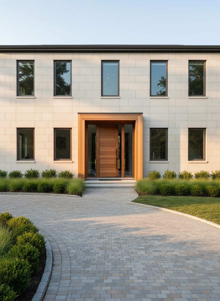A newly completed luxury home in Westchester, photographed from a slightly elevated eye-level angle to showcase its refined architecture. The exterior features pale limestone cladding, dark bronze-framed windows, and a glass pivot entry door set within a warm wood surround. A gently curving paver driveway leads to the entrance, bordered by manicured grasses and low hedges. Soft late-afternoon sunlight bathes the façade, highlighting the subtle texture of stone and metal, while casting long, elegant shadows across the driveway. The mood is sophisticated and welcoming, with photographic realism and a clean, modern aesthetic. Sharp focus throughout emphasizes meticulous construction details, from perfectly aligned joints to the crisp edges of the roofline, conveying precision craftsmanship and understated elegance.