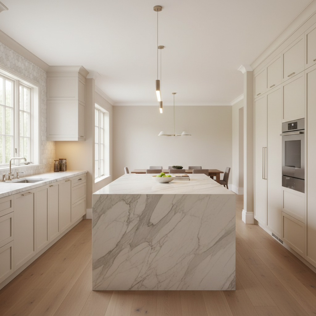 A meticulously detailed custom kitchen in a high-end Westchester residence, presented in photographic realism. The central island features a honed Calacatta marble waterfall countertop with subtle gray veining, paired with seamless, handle-less cabinetry in a soft warm white satin finish. Integrated panel-front appliances are nearly invisible, emphasizing a clean, continuous plane. Under-cabinet LED lighting grazes the textured backsplash of handmade off-white tiles, while a pair of slender, linear pendants provide warm, focused light over the island. The scene is shot from a slightly elevated angle, rule-of-thirds composition, keeping the far end of the kitchen subtly blurred to suggest depth. Large windows to one side bring in gentle daylight that reflects softly off the marble and brushed nickel fixtures. The mood is refined, functional luxury, where every junction, reveal, and edge alignment conveys expert craftsmanship.