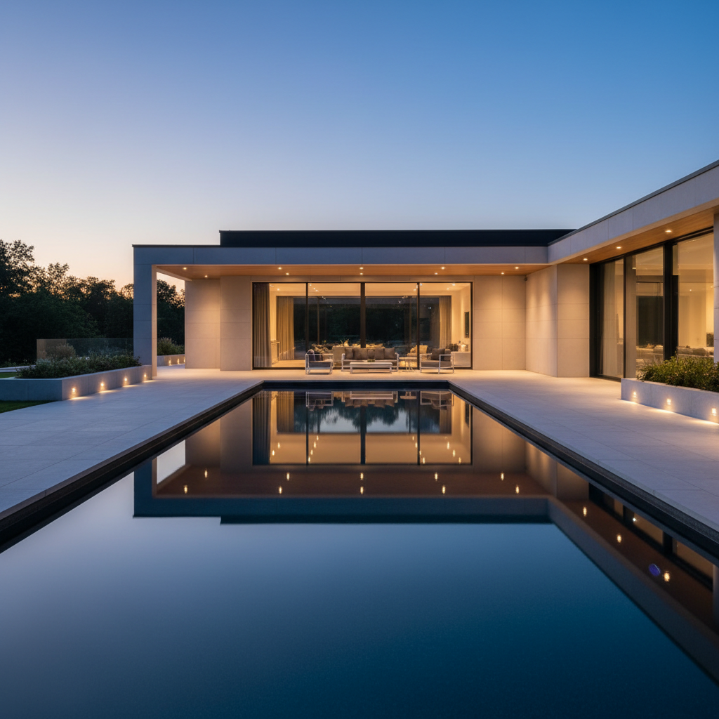 An evening exterior of a custom Westchester home’s outdoor living area, photographed in cinematic, photographic realism. A covered terrace with smooth limestone flooring extends from expansive glass sliders, leading to a perfectly level, dark-tiled pool that mirrors the twilight sky. Integrated step lights, concealed soffit lighting, and subtle in-pool LEDs create layered illumination that highlights each edge and plane without visible fixtures. The warm interior glow from the home spills onto the terrace, contrasting with the cool blue reflections of the pool. Shot from a low angle looking across the water toward the house, the composition emphasizes horizontal lines and a seamless indoor-outdoor transition. The mood is tranquil and luxurious, suggesting year-round comfort and refined entertaining, with every joint, alignment, and lighting effect reinforcing precision construction and understated elegance.