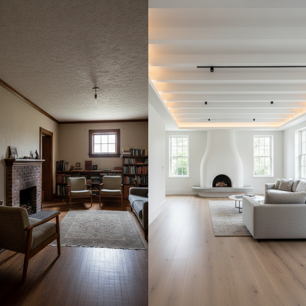 A dramatic before-and-after renovation scene of a Westchester home interior, split-screen in photographic realism. On the left, a dim, dated room with low ceilings, dark wood trim, and cluttered layout. On the right, the transformed space: a luminous, reconfigured great room with raised ceilings, structural beams discreetly integrated, and a continuous line of recessed track lighting leading the eye through the space. The new design features pale, matte-finish oak floors, smooth white walls, and a sculpted plaster fireplace with a floating stone hearth. Natural light pours through enlarged windows, complemented by warm, indirect cove lighting that creates soft gradients across the ceiling. The composition uses symmetry to contrast old and new, emphasizing improved spatial flow, refined material transitions, and the elevated sense of comfort and elegance achieved through thoughtful construction.